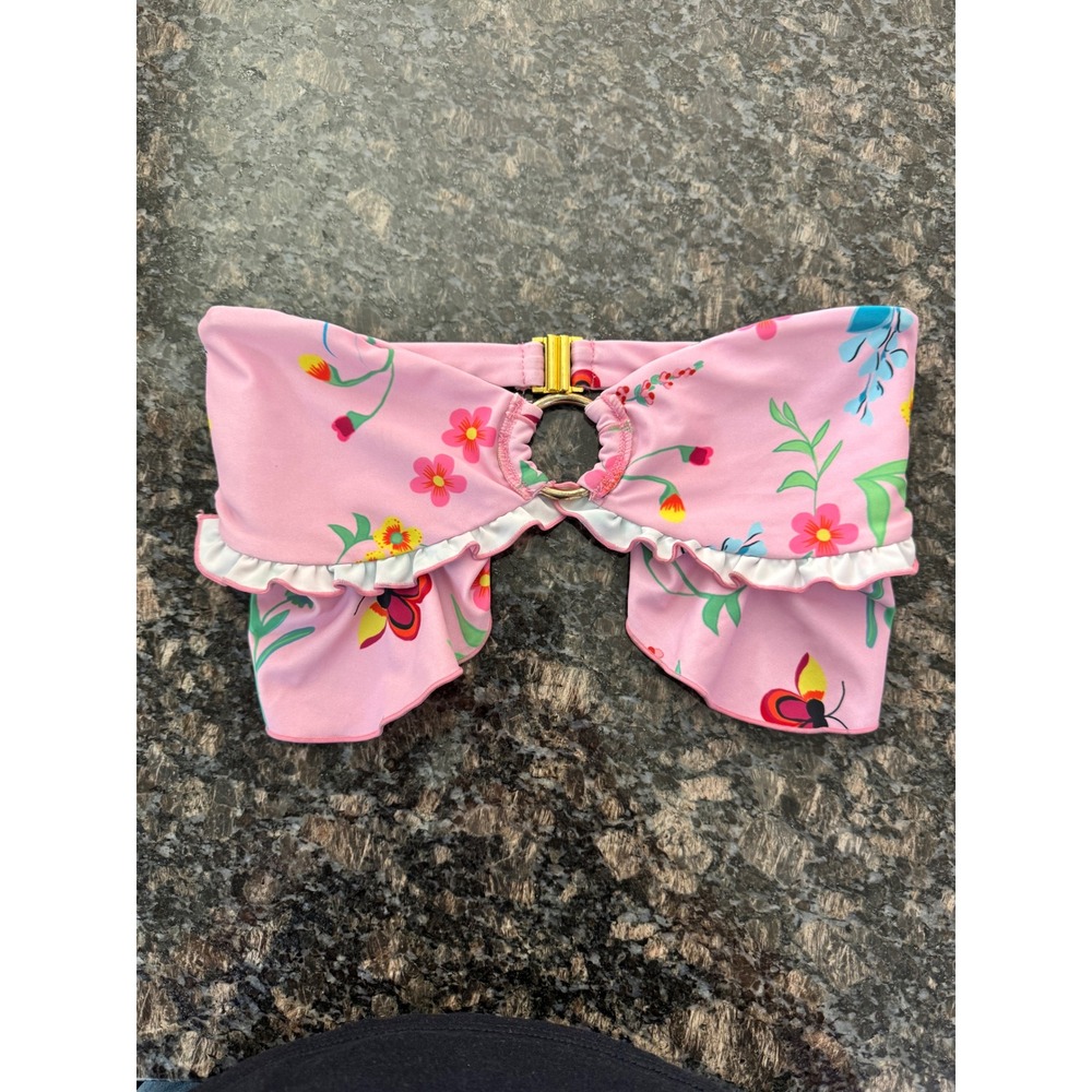 Oceanus Pink Floral Butterfly Ruffle‎ Bandeau Bikini Top Strapless Swimwear